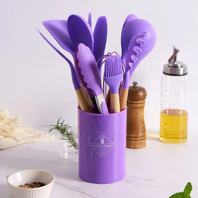 Kit de Utensílios em Silicone e Bambu 12 peças – Funcionalidade com Elegância para sua Cozinha!