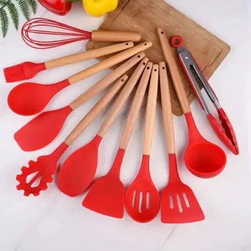 Kit de Utensílios em Silicone e Bambu 12 peças – Funcionalidade com Elegância para sua Cozinha!