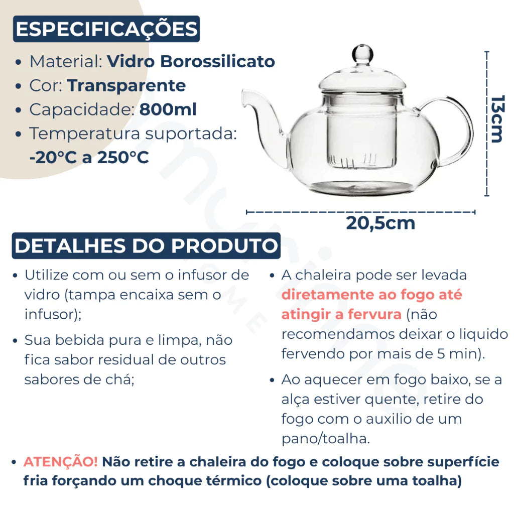 Chaleira  de vidro borossilicato Realeza - Lar Equipado