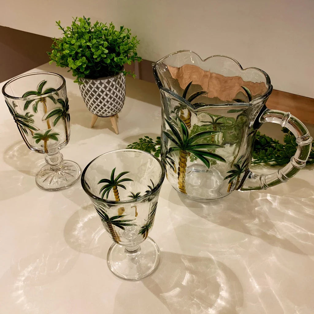 Conjunto com Jarra e 6 Taças  Lavanda/Coqueiro em Cristal – Pintura Manual | Mesa Posta com Sofisticação