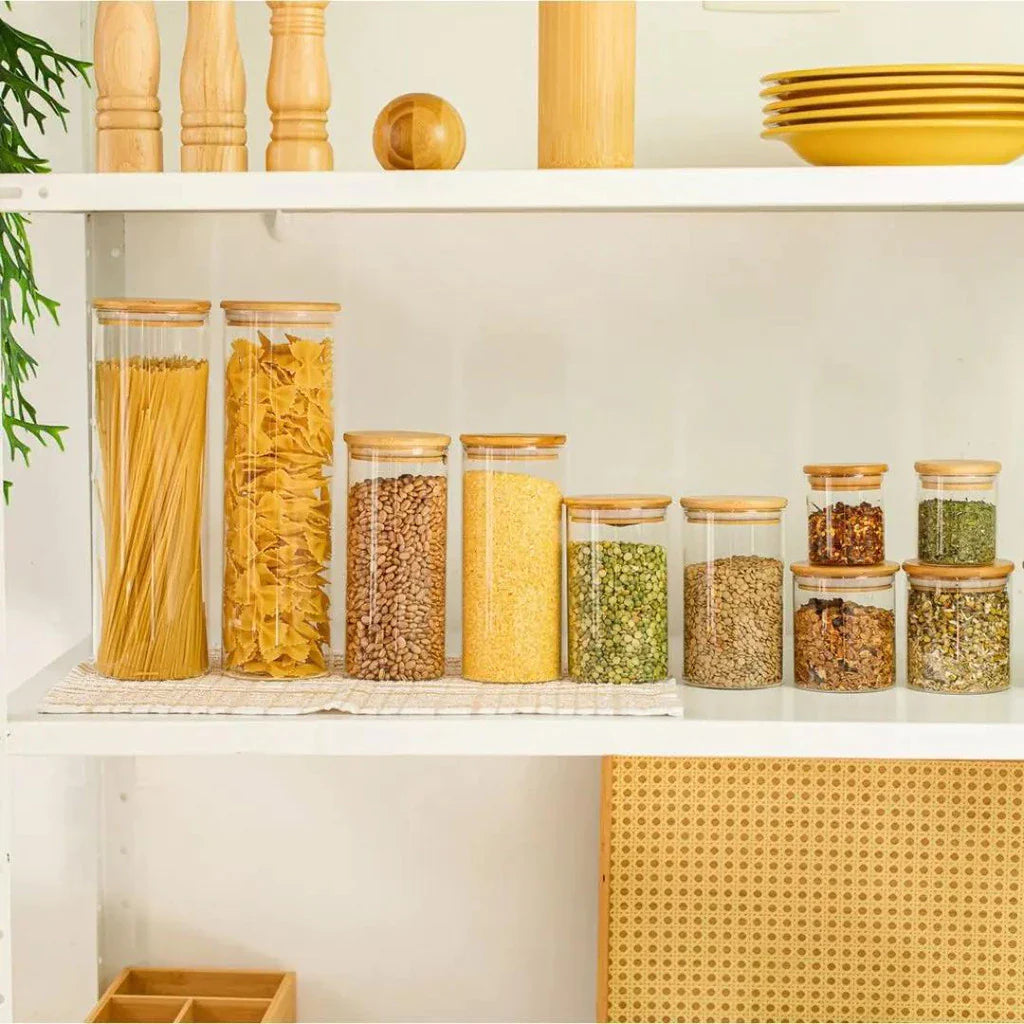 Kit com 5 Potes de Vidro com Tampa de Bambu – Organização Natural e Elegante para Sua Cozinha- Lar Equipado